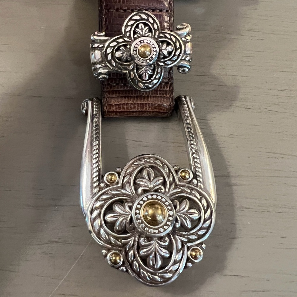 Brighton Belt Brown Embossed Leather Size Medium 30 Silver Gold Hardware 40358 - Picture 2 of 9